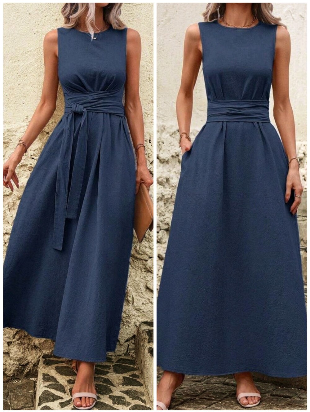 New Sleeveless Tie Waist Long Dress Cotton Navy Blue